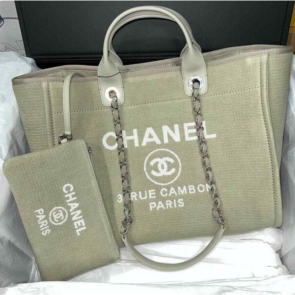 Chanel 22C Deauville Beige Grey Large Shopping 30cm Silver Chain Handle Tote Bag
